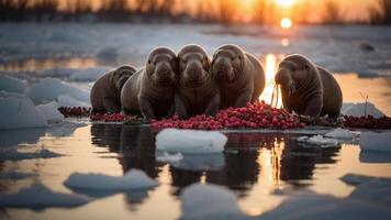 A group of walruses gathered on ice, surrounded by water and reflecting sunlight at sunset. photo