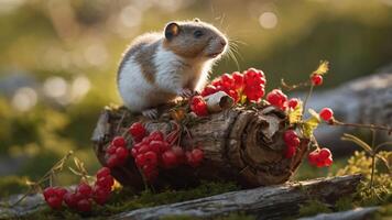 A cute hamster perched on a log surrounded by vibrant red berries in a natural setting. photo