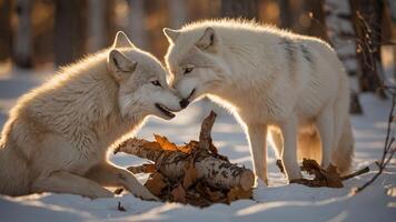 Two white wolves interact playfully in a snowy forest, showcasing their bond and natural habitat. photo