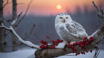 A snowy owl perched on a branch with red berries against a sunset backdrop. photo