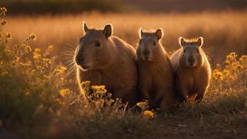Three capybaras in a golden field with flowers at sunset. photo