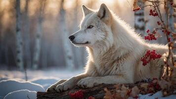A serene arctic wolf rests on a log amidst a snowy landscape with red berries. photo