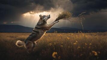 A dog joyfully leaps in a field, grasping a handful of grass under dramatic clouds. photo