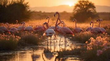 A serene sunset scene featuring flamingos in a tranquil wetland. photo