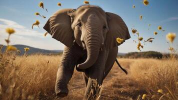An elephant joyfully running through a golden grass field under a clear blue sky. photo