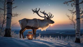 A serene reindeer stands in a snowy landscape at sunset, with a glowing lantern nearby. photo