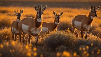 A group of pronghorns stands in a golden field during sunset. photo