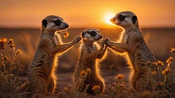 Three meerkats interact playfully against a stunning sunset backdrop in a natural setting. photo