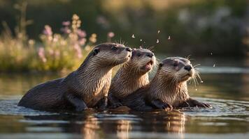 Three playful otters swimming together in a serene environment. photo