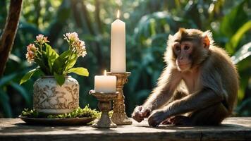 A monkey sits beside candles and flowers in a serene, natural setting. photo