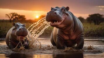 Two hippos splashing in water at sunset, showcasing wildlife in a natural habitat. photo