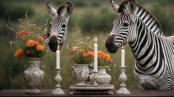 Two zebras curiously examine a rustic table adorned with flowers and candles in a natural setting. photo