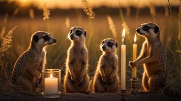 Four meerkats gathered around candles in a grassy field at sunset. photo