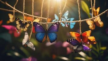 A vibrant display of colorful butterflies hanging from twine in a lush, illuminated setting. photo