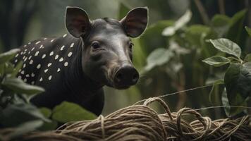A close-up of a spotted pig in a lush, green environment surrounded by plants and ropes. photo