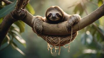 A sloth resting on a branch, surrounded by greenery, showcasing its serene nature. photo