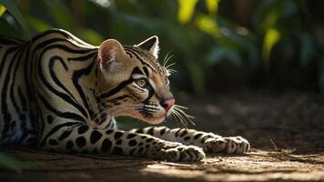 A close-up of an ocelot in a natural setting, showcasing its striking fur patterns and gaze. photo