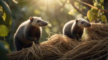 Two animals exploring a natural setting amidst sunlight and foliage. photo