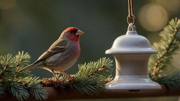 A colorful bird perched beside a bird feeder adorned with pine branches. photo