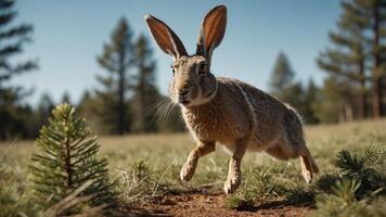 A rabbit leaps across a grassy field surrounded by trees under a clear blue sky. photo
