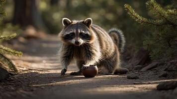 A raccoon playfully rolling a small object along a forest path. photo