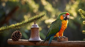 A colorful parrot perched on a branch near a bell and a pine cone in a natural setting. photo