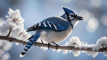 A blue jay perched on a frosty branch, showcasing its vibrant colors against a soft background. photo