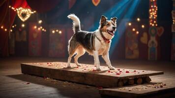 A dog performing on a stage in a circus setting, illuminated by soft lights. photo