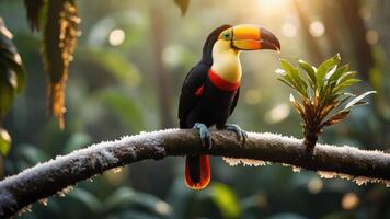 A vibrant toucan perched on a branch in a lush, green rainforest setting. photo