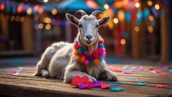 A goat adorned with a colorful necklace sits among heart-shaped decorations, creating a festive vibe. photo