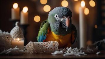 A colorful parrot sits amidst candles and decorative elements, creating a cozy ambiance. photo