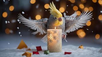 A cockatiel flutters around a candle amidst festive decorations and falling snowflakes. photo