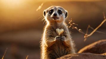 A playful meerkat holds a heart-shaped object, exuding charm and affection in a natural setting. photo
