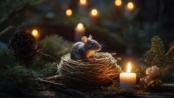 A mouse sitting in a nest surrounded by candles and pinecones in a forest setting. photo