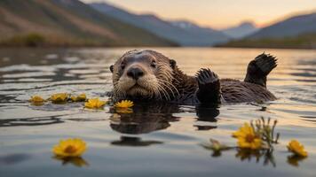 A playful otter floats among yellow flowers in a serene landscape at sunset. photo