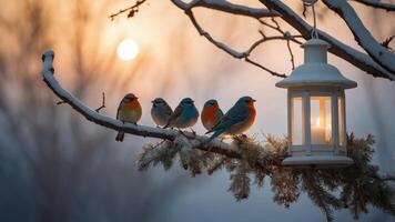 A serene winter scene featuring colorful birds perched on a snow-covered branch by a lantern. photo