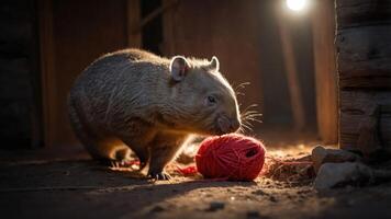 A wombat curiously investigates a ball of red yarn in a dimly lit rustic setting. photo