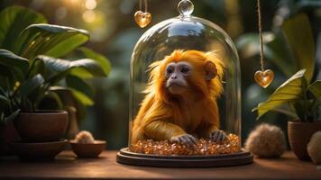 A golden monkey sits inside a glass dome, surrounded by plants and decorative elements. photo
