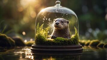 An otter is enclosed in a glass dome, surrounded by moss and bubbles, set in a serene environment. photo