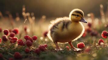 A fluffy duckling stands amidst flowers in a warm, sunlit field. photo