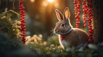 A serene rabbit surrounded by vibrant red berries in a sunlit forest setting. photo
