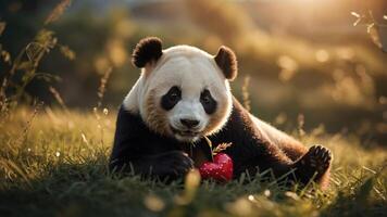 A panda lying on grass, holding a red heart-shaped object in a serene setting. photo