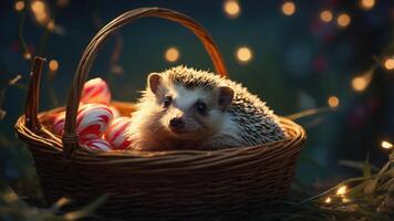 A hedgehog nestled in a basket with candy canes, surrounded by soft lights. photo