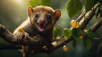 A close-up of a playful animal on a branch, surrounded by leaves and fruit in a lush environment. photo