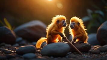 Two golden monkeys playfully interact among stones in a warm, natural setting. photo