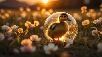 A duckling inside a glass sphere surrounded by flowers at sunset. photo