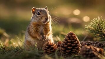 A squirrel stands among pine cones in a natural setting, illuminated by soft sunlight. photo