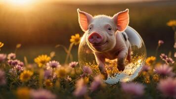 A playful piglet running through flowers, encapsulated in a bubble during sunset. photo