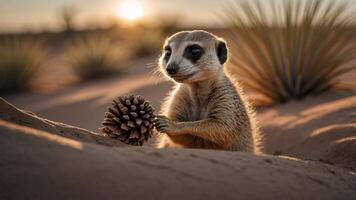 A meerkat holding a pine cone in a desert landscape during sunset. photo