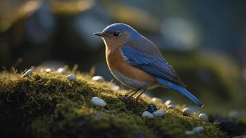 A bluebird perched on moss with eggs around it, capturing a serene moment in nature. photo